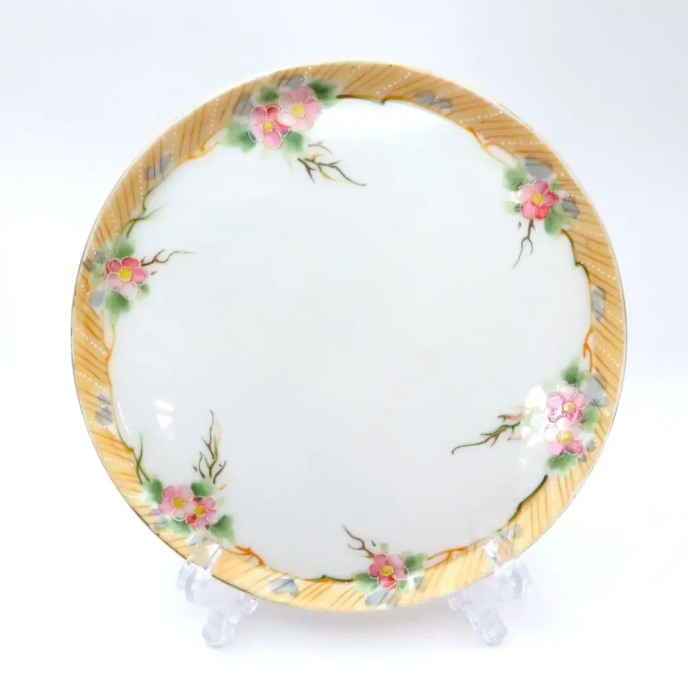 Antique Nippon Hand Painted Porcelain Plate Pink Floral Raised Enamel 1920 Japan